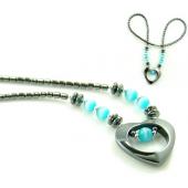Blue Cat's Eye Opal Beads Hematite Heart Pendant Chain Choker Fashion Necklace